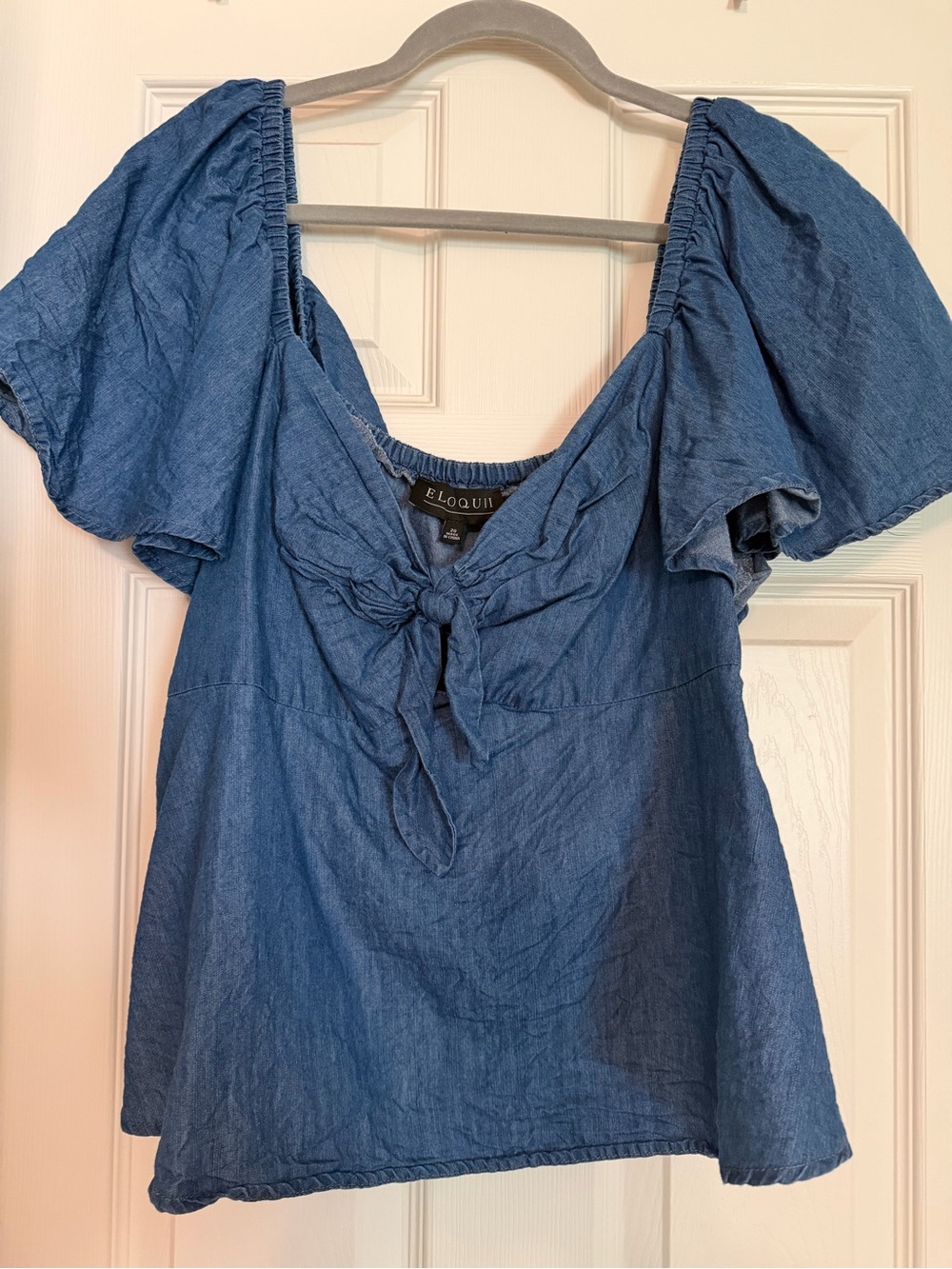 Eloquii Denim-Blue Tie Front Puff Sleeve Top